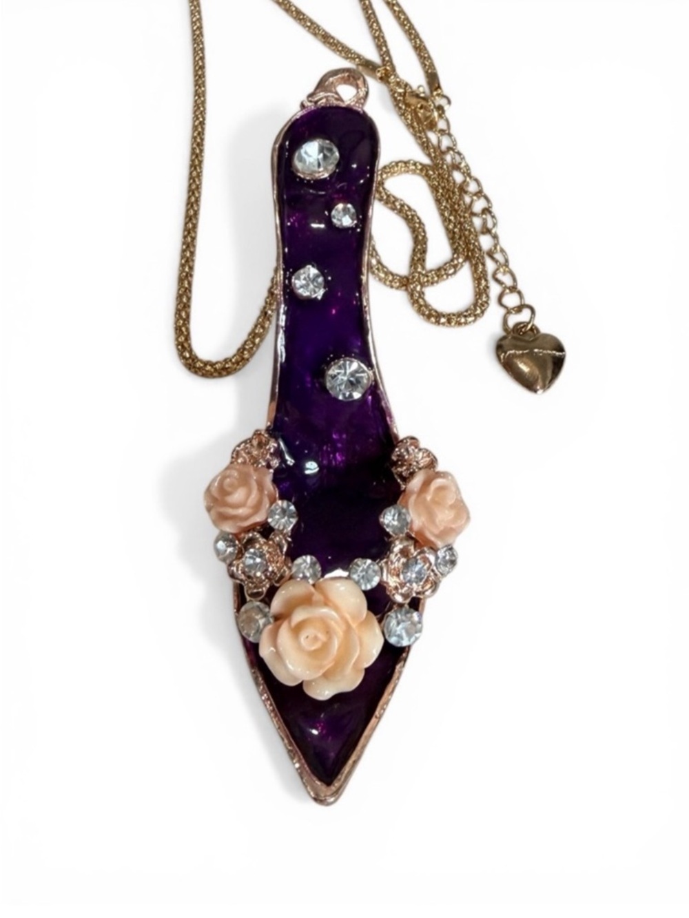 Betsey Johnson decorative Purple Jeweled High Heel Necklace with Peach Roses - Picture 4 of 5